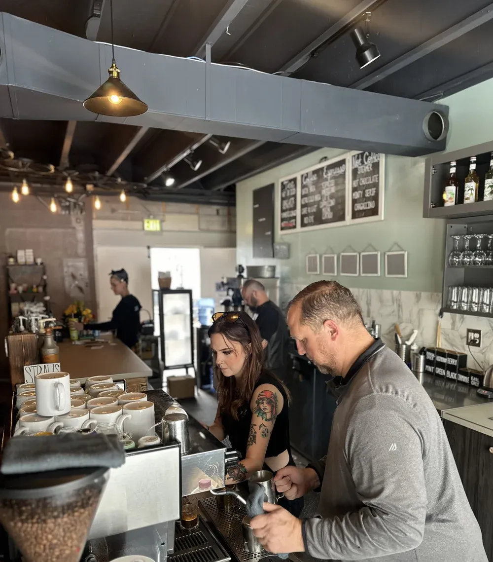 Behind the espresso bar at Mint and Serif coffee house in Lakewood, Colorado